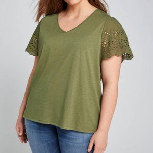 Lane Bryant 26/28 eyelet sleeve tee green plus